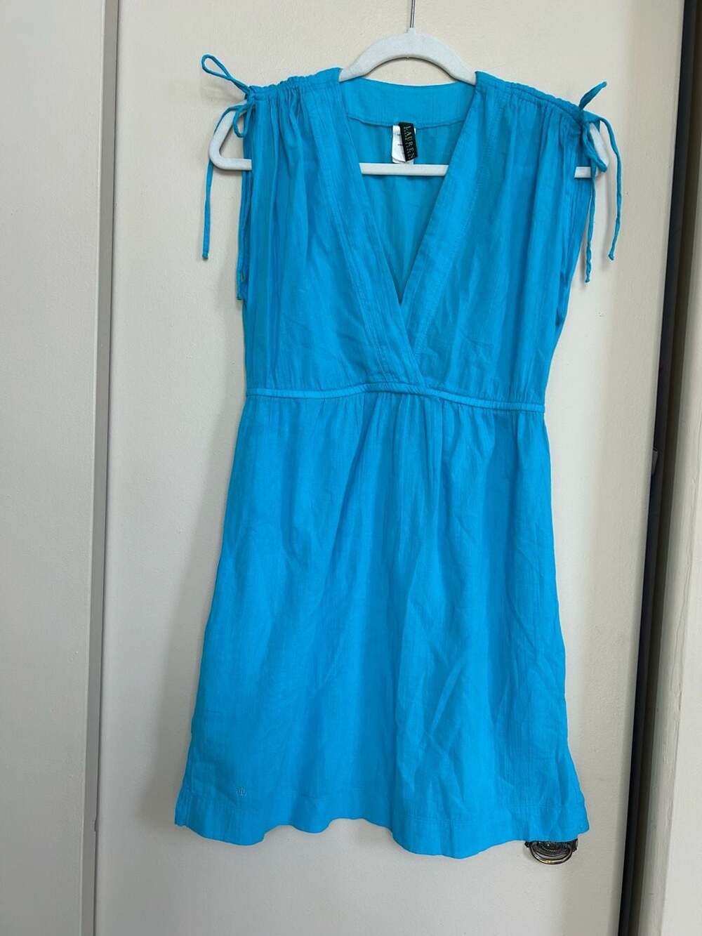 Lauren Ralph Lauren Blue Cotton V-Neck Drawstring Cover-Up Dress